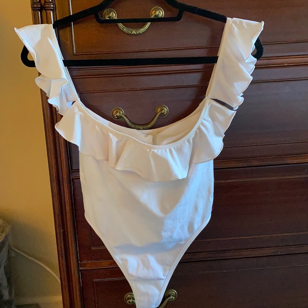 White off the shoulder thong bodysuit